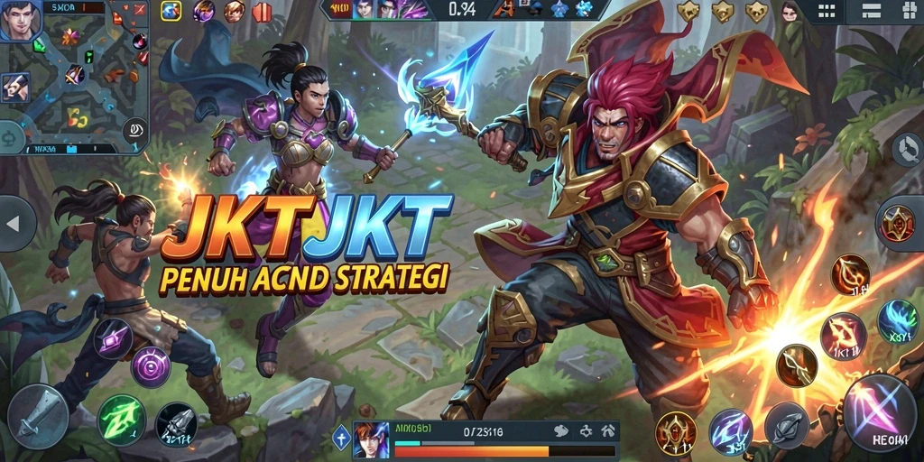 Screenshot gameplay JKTJKT menampilkan pertarungan seru antara dua tim.