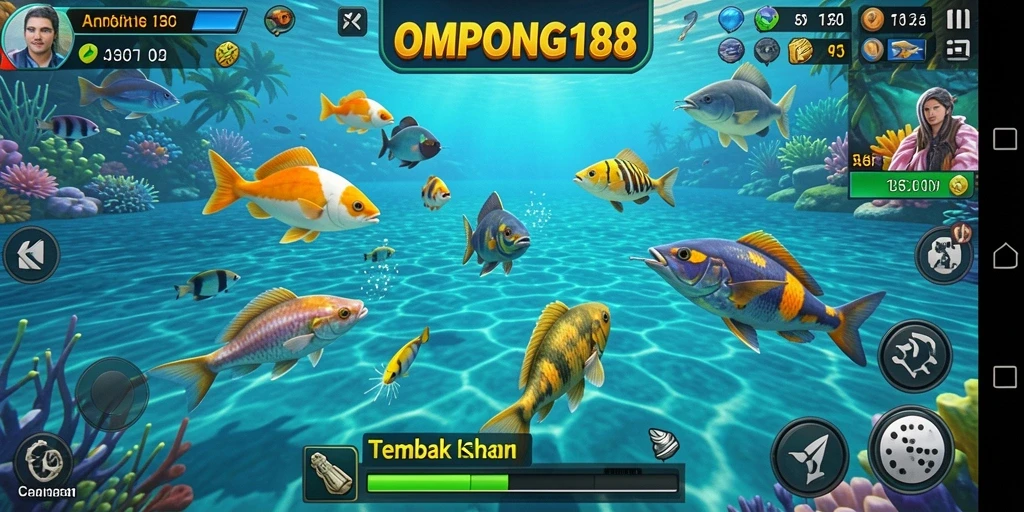 Screenshot gameplay OMPONG188 menampilkan aksi menembak ikan yang mendebarkan.