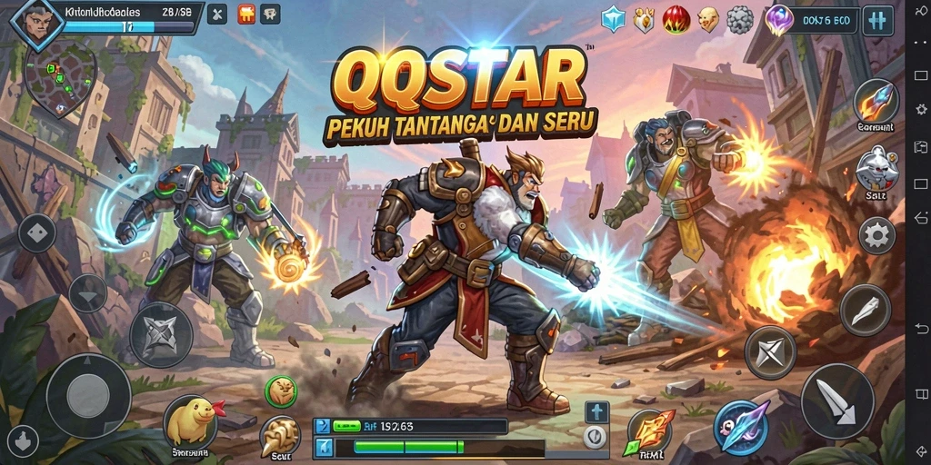 Screenshot utama QQSTAR menampilkan aksi mendebarkan dalam pertempuran.