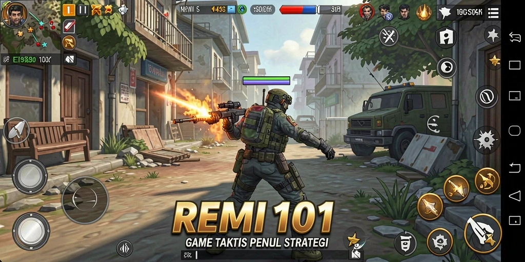Tampilan gameplay seru di <strong>REMI101</strong>, memperlihatkan aksi taktis pemain.
