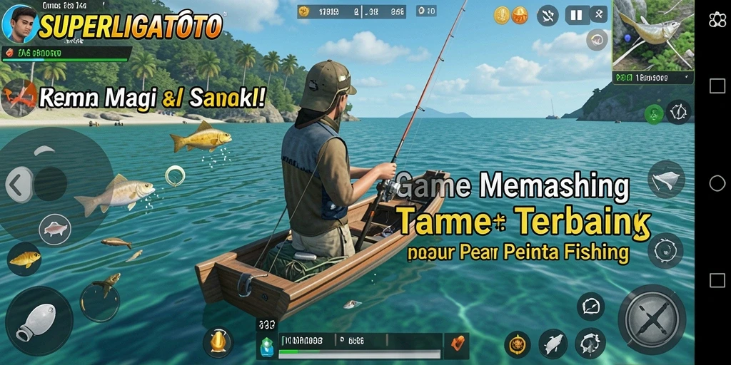 Tampilan gameplay SUPERLIGATOTO dengan momen memancing yang seru.
