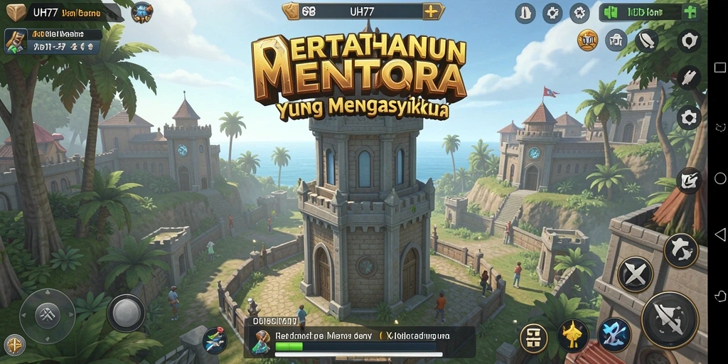 Gameplay UH77 dengan menara yang beragam menghadapi gelombang musuh.